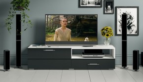 Тумба под ТВ Ларго 1,4, цвет корпус белый/фасады МДФ чёрный глянец, ШхГхВ 140х46х35 см., НЕ универсальная сборка в Ревде - revda.mebel24.online | фото 12
